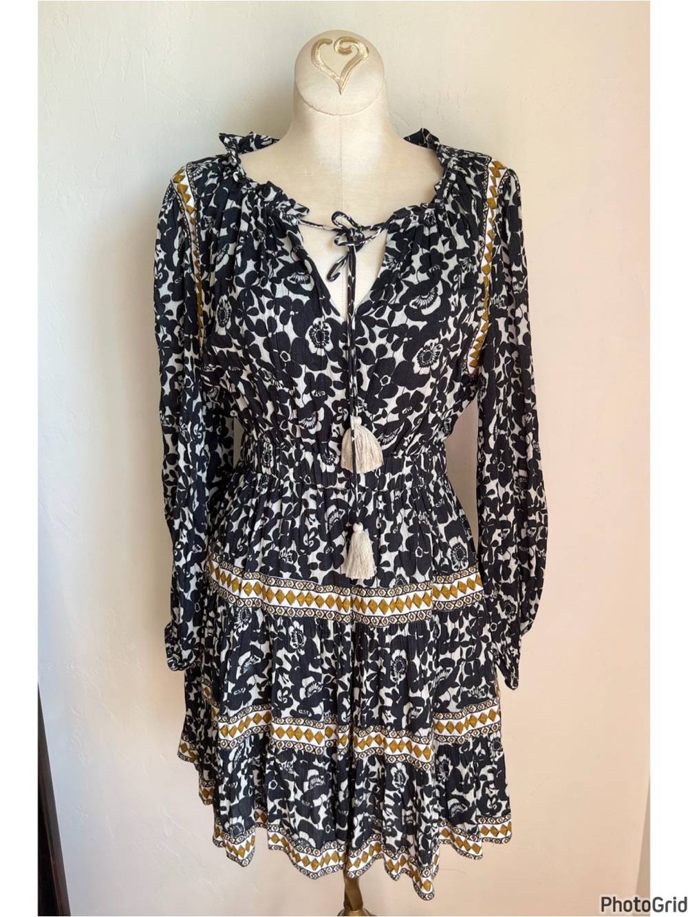 Celina Moon Boho Black Printed Tassel Dress Small